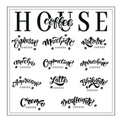Hand drawn lettering coffe espresso. Vector illustration. Typography text design for a coffee house. Set of vector inscriptions.