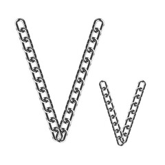 The uppercase and lowercase letter V is made of realistic metallic-colored chains. Isolated on a white background. Vector illustration.