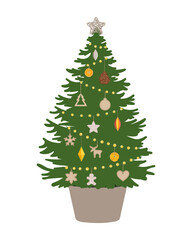 Christmas tree in bucket with wood, paper, textile toys, pine cones, dry orange. Ecological Christmas tree. Plastic free winter holidays. Hand drawn vector illustration