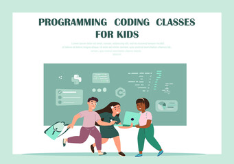 Teenage Girls and Boy have Prodigy Tech Class Together near Blackboard with Formulas.Pupils with Laptop Computer in Robotics School Studying Mathematics,do homework online.Flat vector illustration