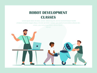 Development Classes Landing Page Template.Education,School Robotics Project.Children and Teacher Characters Create Ai Cyborg Using Different Tools,Presenting Humanoid Robot.Cartoon Vector Illustration