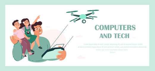 Happy Smiling Father,Children Kids Playing with Flying Drone.Father,Son,Daughter look at Robot Quadcopter,Innovation.Computers Tech Landing Page Template.Remote Piloted Aircraft.Vector Illustration