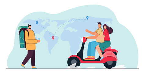 Couple riding moped and man with rucksack hitchhiking on map background. Tourists reaching destination flat vector illustration. Travelling concept for banner, website design or landing web page