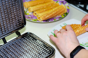 making homemade waffles rolled into a tube