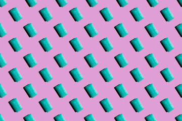 Blue chewing gum on a pink background. Healthy teeth concept, background, pattern