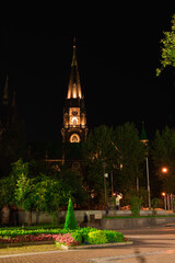 Fototapeta na wymiar vertical picture of night landmark square with park plants and cathedral tower religion building, tourist destination