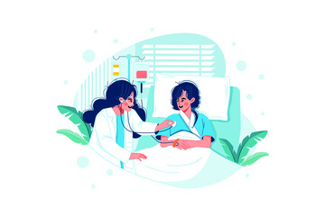 Doctor checking patient in the private ward Illustration concept. Flat illustration isolated on white background.