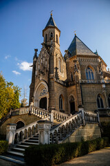 Trebon, South Bohemia, Czech Republic, 9 October 2021: Schwarzenberg family tomb at gothic style in Domanin at castle park near Renaissance chateau at sunny day, Historical landmark tourist attraction