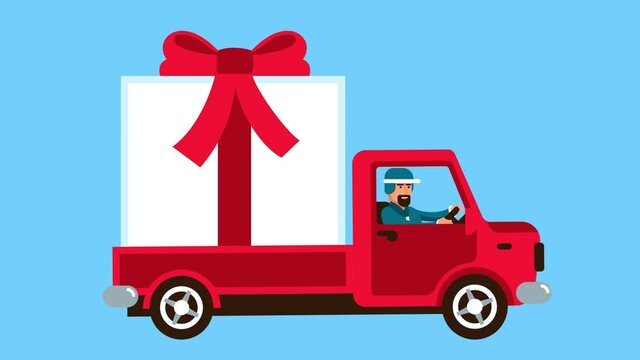 Truck with Christmas gift in the back. Truck carrying large gift box with red bow. Looped animation with alpha channel.