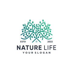 Nature life logo with house and tree concept Premium Vector