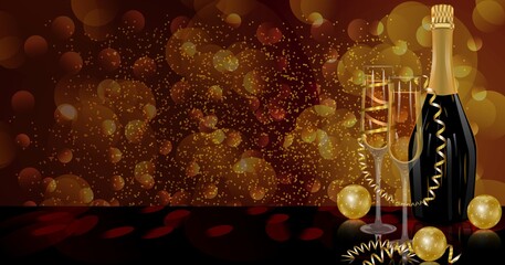 Christmas and New Year template with glasses with champagne, bottle of champagne, gold serpentine, brilliant golden balls, bokeh. Social media, social network. Vector illustration. Dark background