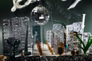 A city made of used empty pill blisters with fire