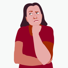 Vector graphics - a puzzled young woman looks thoughtfully with her chin propped on her hand in an indecisive close-up pose. Concept doubts