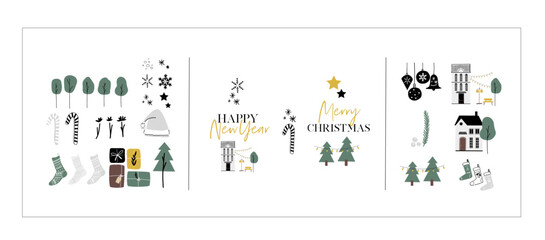 Holiday Logo template set. Vector graphic design, hand drawing illustration bundle of Fall, Winter, Christmas, New Year Holiday theme. Minimal style icon for seasonal promotion and party invitation 