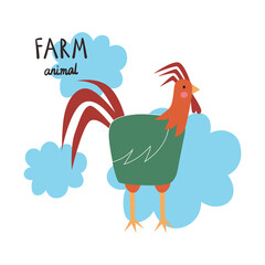 Farm animal. Rooster in cartoon style. Vector illustration.