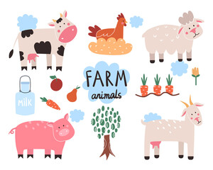 Collection of farm animals in cartoon style. Cow, chicken, sheep, goat, pig. Vector illustration isolated on white background.