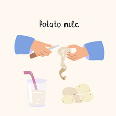 Hands peel potatoes for alternative potato milk. Vector illustration.