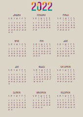 Calendar for 2022, bright text, suitable for your design
