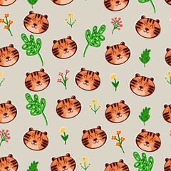 Seamless pattern, cute tiger cubs and flowers, suitable for fabric design, clothing, wrapping paper, wallpaper and more