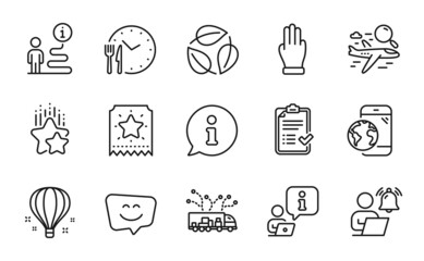 Business icons set. Included icon as Loyalty ticket, Search flight, User notification signs. Food time, Three fingers, Approved checklist symbols. Truck delivery, Mobile internet, Leaves. Vector