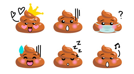 Shit or turd emoji vector icon set - smiling, singing, being surprised, laughing, wearing crown, sleeping, isolated illustration in flat doodle style