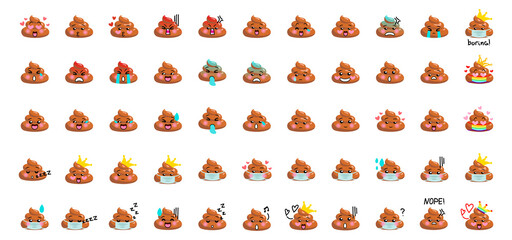 Shit or turd emoji vector icon big set with faces - happy, angry, tired, laughing, crying, smiling, tired, bored, with medical mask. Isolated illustration in flat cartoon and doodle style