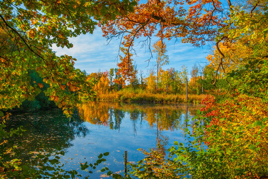Malerische Herbstlandschaft mit See und bunten Bäumen, die sich im blauen Wasser spiegeln