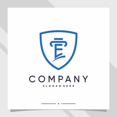 Shield and law logo design initial letter e with line art style