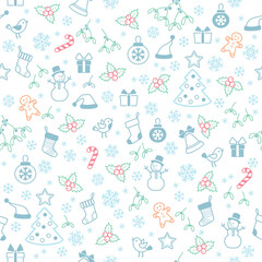 Seamless pattern with Christmas elements colorful outline
