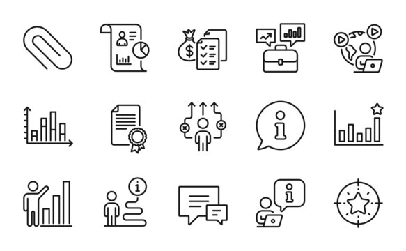 Education icons set. Included icon as Efficacy, Video conference, Accounting wealth signs. Business way, Diagram graph, Certificate symbols. Comment, Paper clip, Business portfolio. Report. Vector