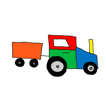 Beautiful hand drawn colored vector illustration of toy tractor with a trailer isolated on a white background