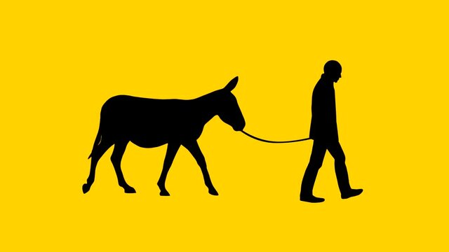 Man walking with a donkey, animation on the yellow background