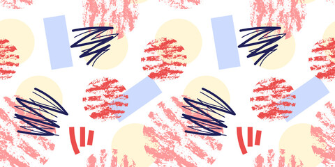 Fototapeta premium Abstract vector pattern with scribble shapes in doodle style in pastel trendy colors as a template for textile or web headers and banners or flyers. Seamless texture