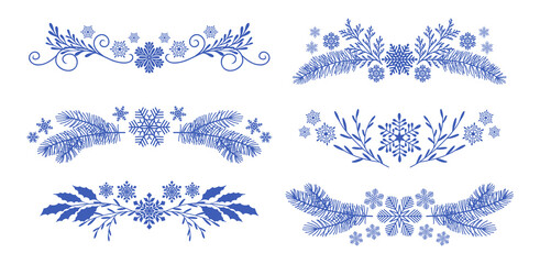 Floral hand drawn Christmas decorative dividers and borders with  fir branches leaves and snowflakes. Vector illustration