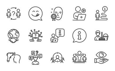 People icons set. Included icon as Teamwork question, Cleaning service, Face verified signs. Global business, Winner, Yummy smile symbols. Quiz test, Health eye, Delegate question. Vector