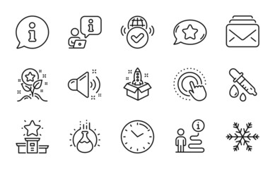 Technology icons set. Included icon as Loyalty points, Chemistry pipette, Time signs. Air conditioning, Winner podium, Favorite chat symbols. Chemistry experiment, Mail, Verified internet. Vector