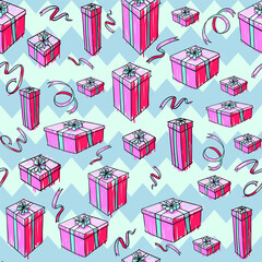 Cheerful vector seamless pattern with hand drawn doodles boxes with ribbons. Surprises and gifts for Valentine's Day, New Year, Christmas, Easter, Wedding, Mother's Day, Birthday