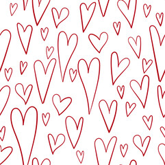 
Cheerful vector seamless pattern with hand drawn doodles hearts. Hand drawn signs of love. Background for love card, valentine's day, wedding and children