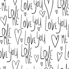 Handwritten text about love. Hearts and lettering in vector seamless pattern for wedding decoration, declarations of love, birthday, Valentine's Day, family day