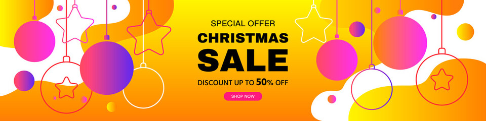 Merry Christmas and Happy New Year sale discount banner. Modern background with abstract dynamic flowing elements and geometric shapes of Christmas balls. New Year card. Template vector