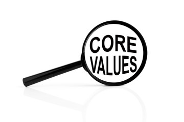 Core Values, text inside the magnifier. magnifying glass on white background