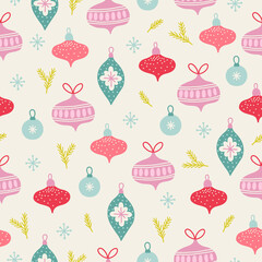 Christmas seamless pattern with ball, bauble, snowflake, fir branches