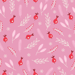 Christmas seamless pattern with briar, berries, snowflakes, fir branches