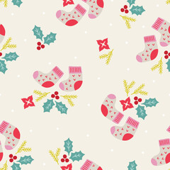 Christmas seamless pattern with socks, holly berry, flower, fir branch