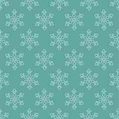 Christmas seamless pattern with snowflakes on green background. Vector illustration