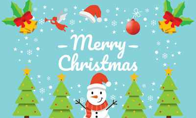 Merry Christmas landscape with christmas tree, santa hat, and cute snowman vector on bright blue background.