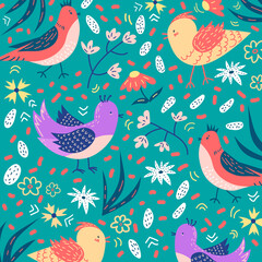 Lovely decorative spring pattern with birds and flowers. Pattern with birds for wrapping paper