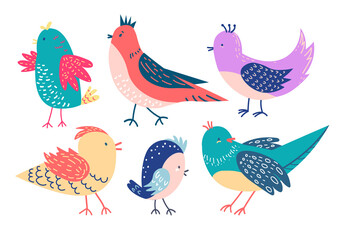 Vector set of adorable colorful birds. Set of different cartoon birds