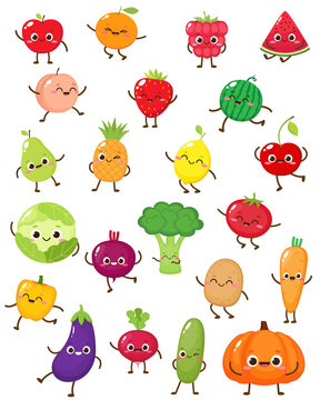 Naklejki Set of cartoon fruits and vegetables