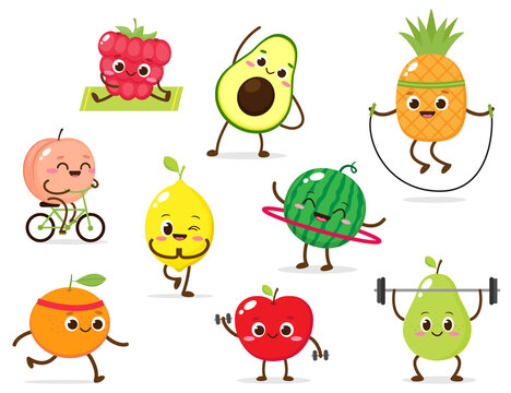 Cartoon cute fruit character doing spot exercises